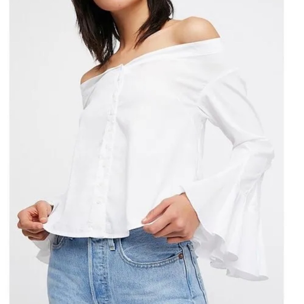Free People March to the Beat Off Shoulder Bell Sleeve Buttoned Top White XS